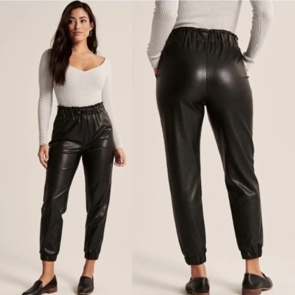 Abercrombie and Fitch Faux Leather Drawstring Joggers in XS black